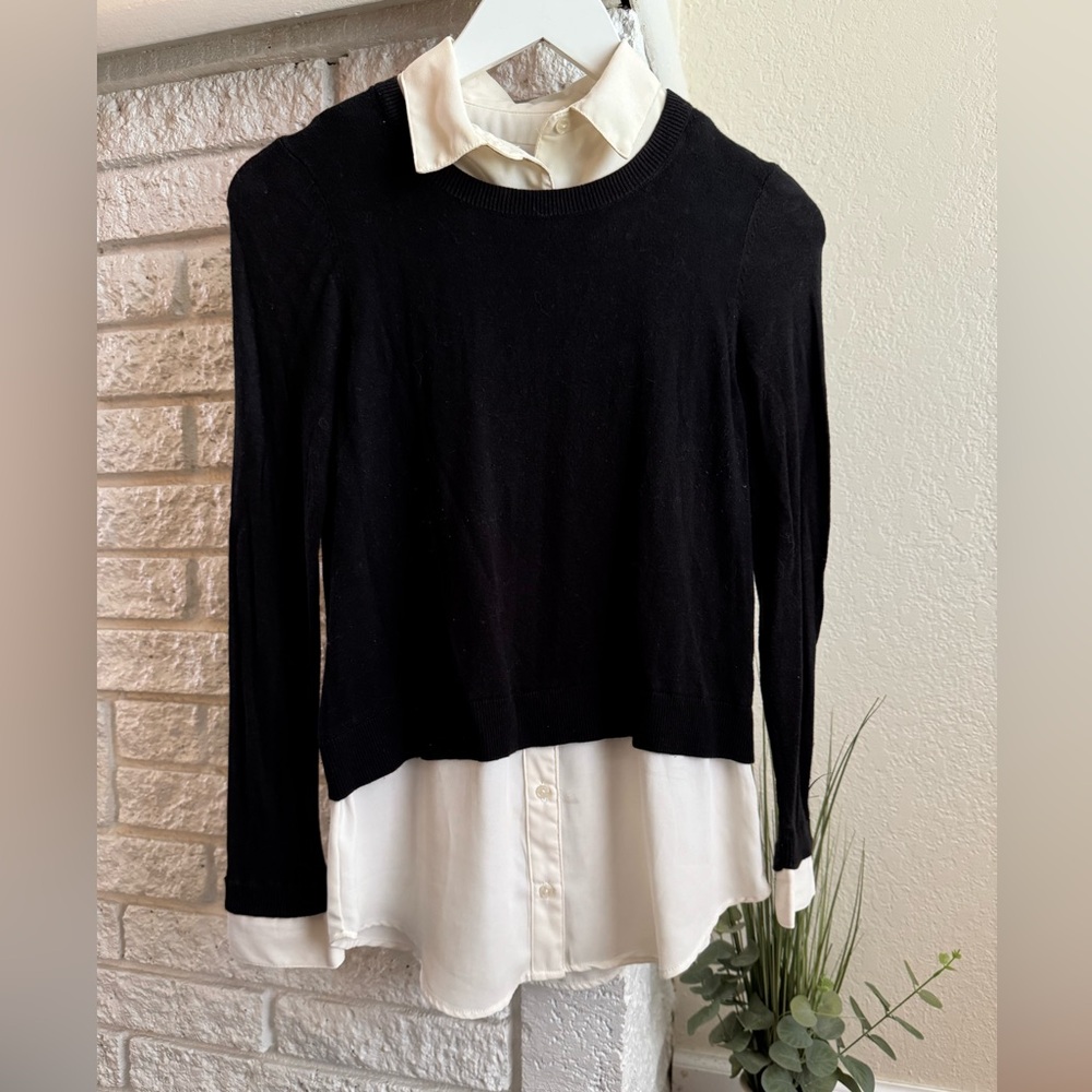 LOFT Black and Cream Layered Button Down Mixed Media Shirt
